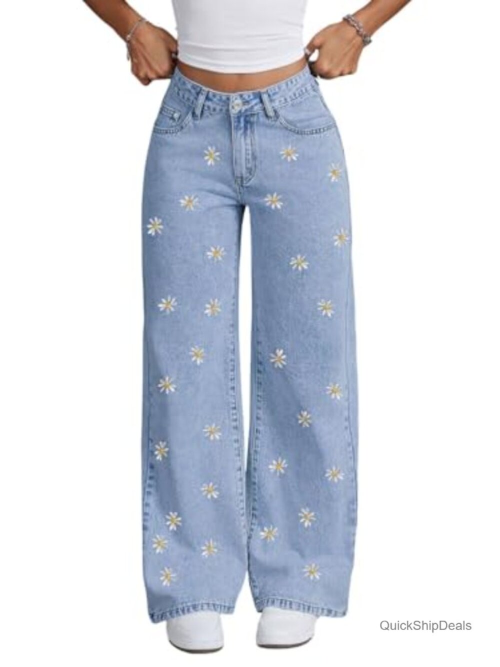 Daisy Floral Embroidered Denim Palazzo Jeans High Waist Wide Leg Cotton Blend